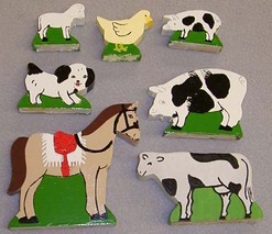 lot of seven assorted Amish painted wood farm animals; image credit 