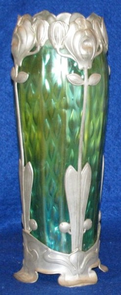 Loetz Glass; Vase, Iridescent, Green, Pewter Floral Decorated, 13 Inch.